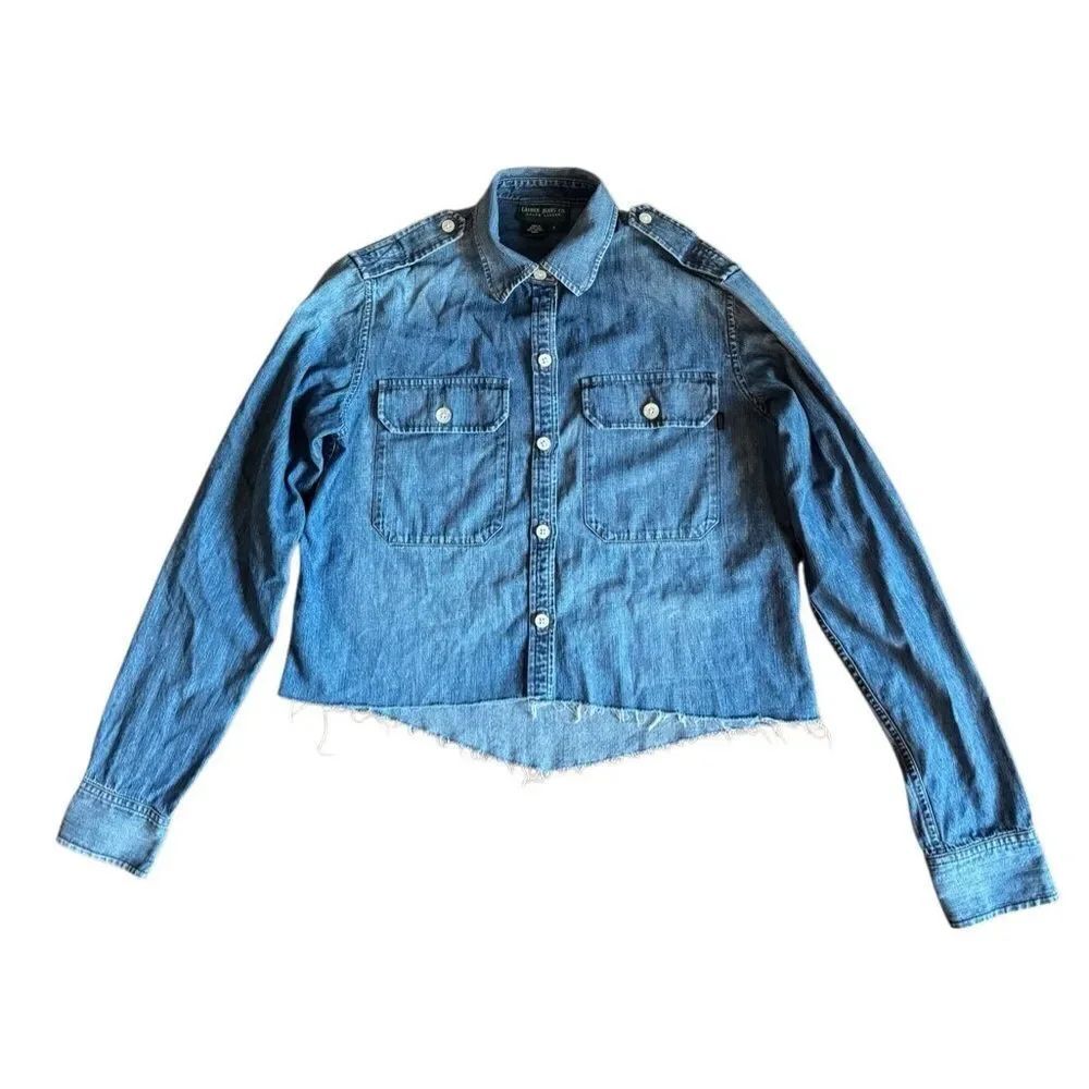 Ralph Lauren Women's Cotton Cropped Boxy Denim Blouse w/ Raw Hem Fray Size Small